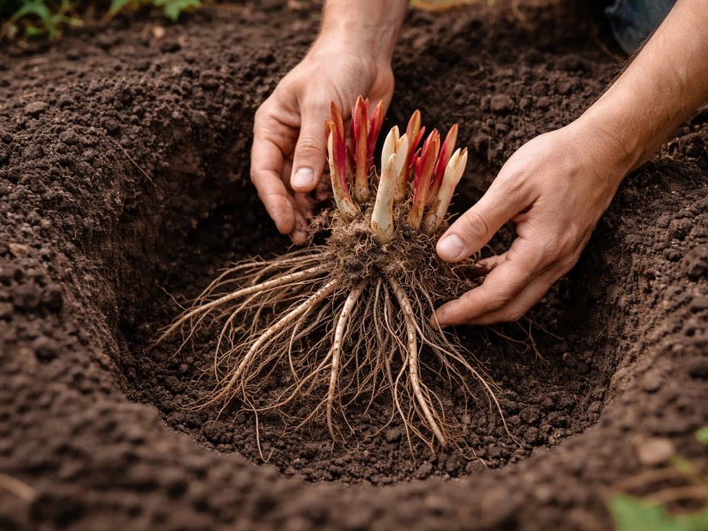 Bare-root peony division being gently placed into a deep, well-dug garden hole with hands.