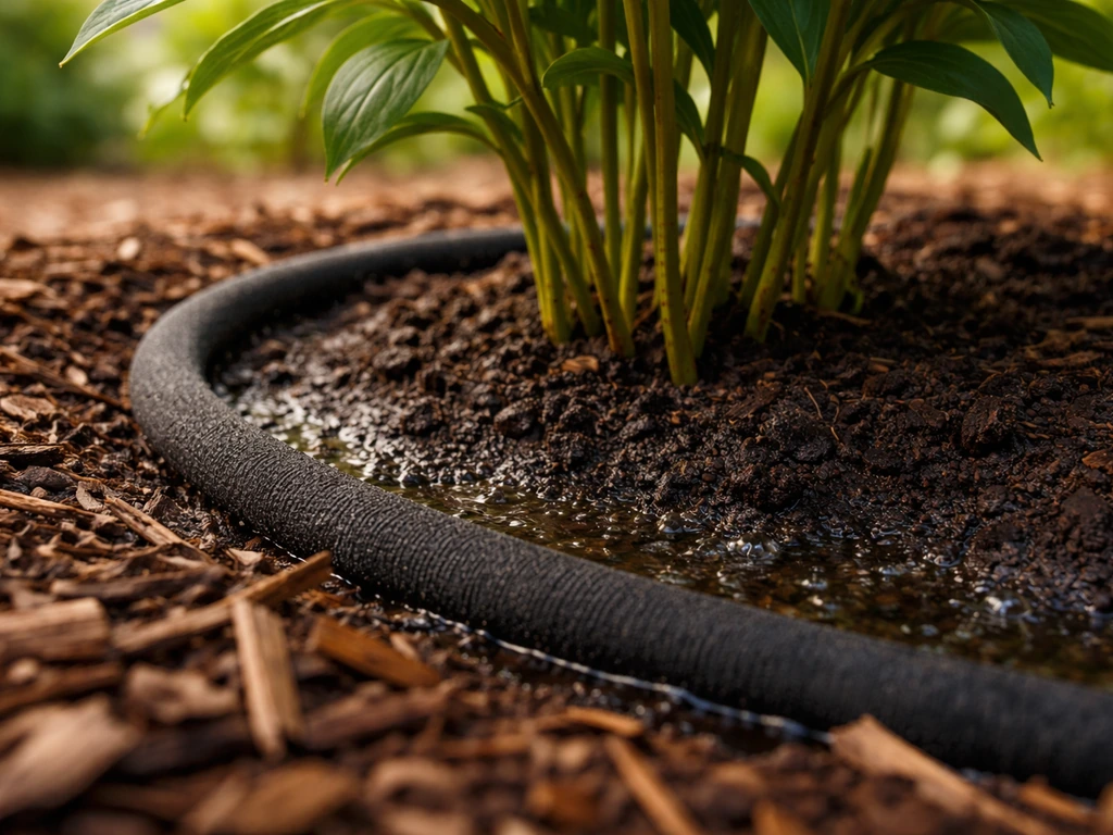 Close-up of a soaker hose watering peony soil with mulch visible to prevent waterlogging