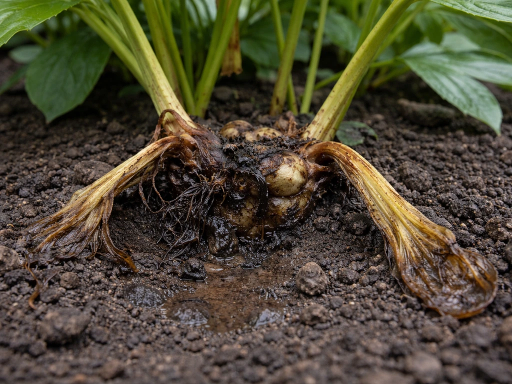 Close-up of peony crown rot with mushy dark crown and collapsed wilted stems near the soil.