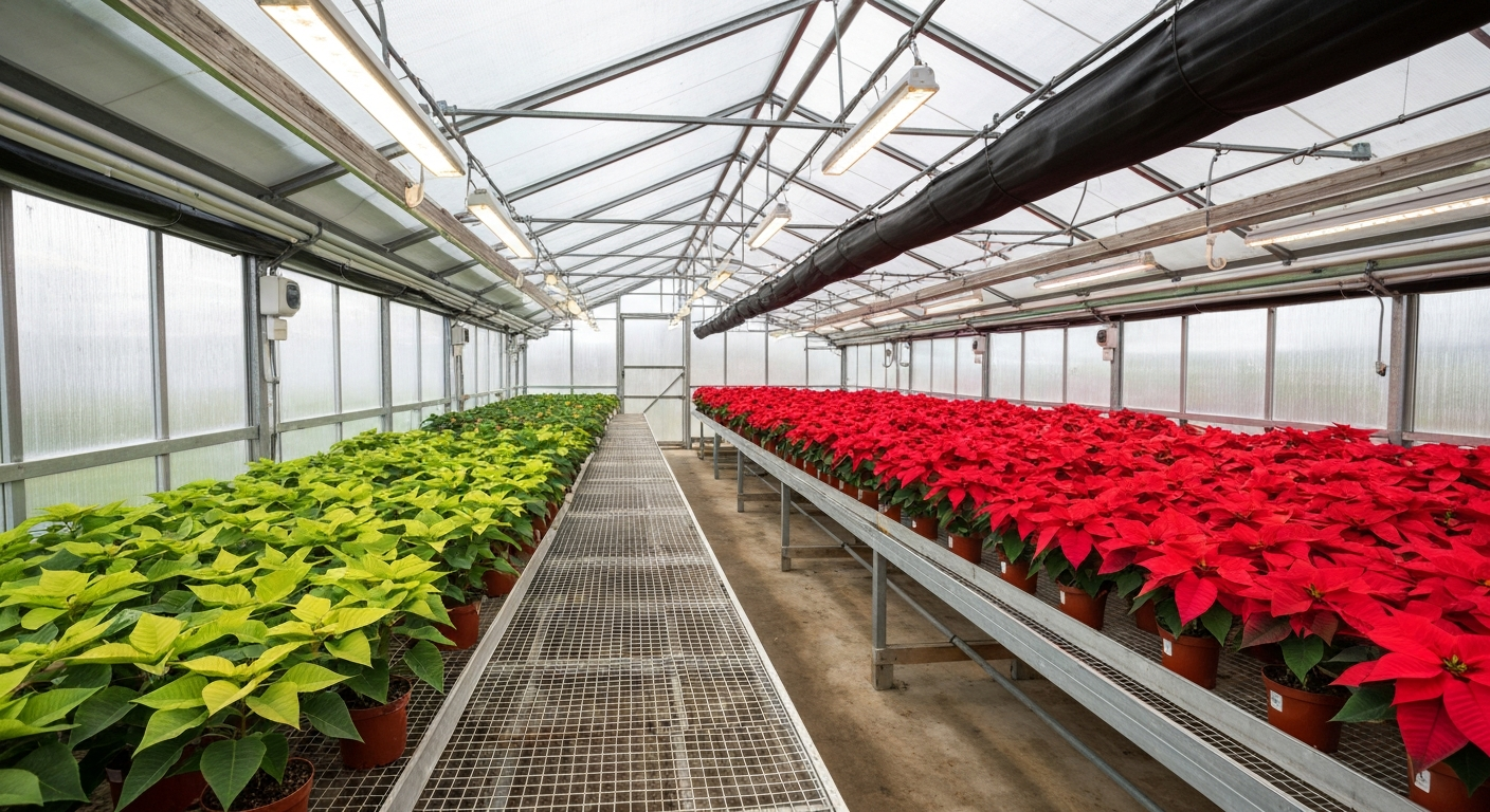 Greenhouse interior showing rows of poinsettias at several growth stages, LED lights, benches and a retractable blackout curtain system.