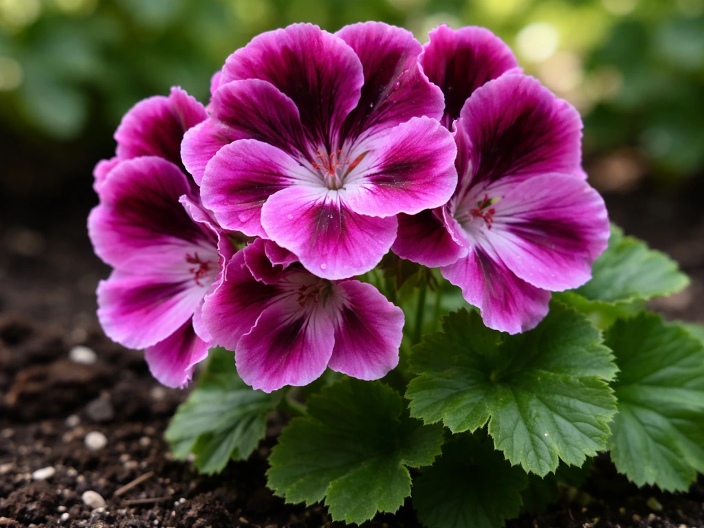 Close-up of vibrant Martha Washington geranium blooms with layered petals and glossy green leaves.