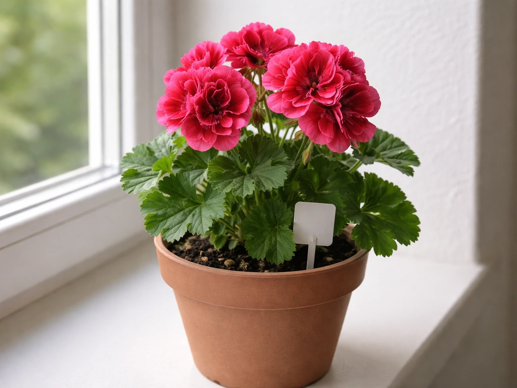 Red-pink double blooms of a potted Regal geranium (Martha Washington type) on a windowsill