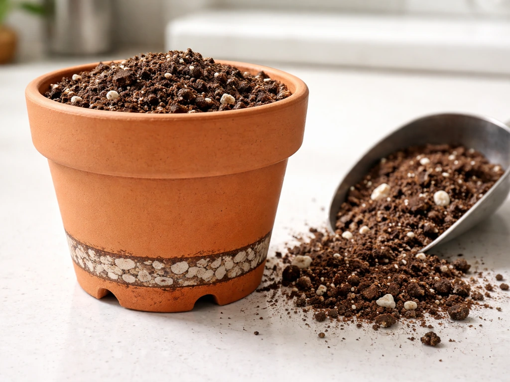 Close-up of a small plant container with drainage holes and well-draining potting mix