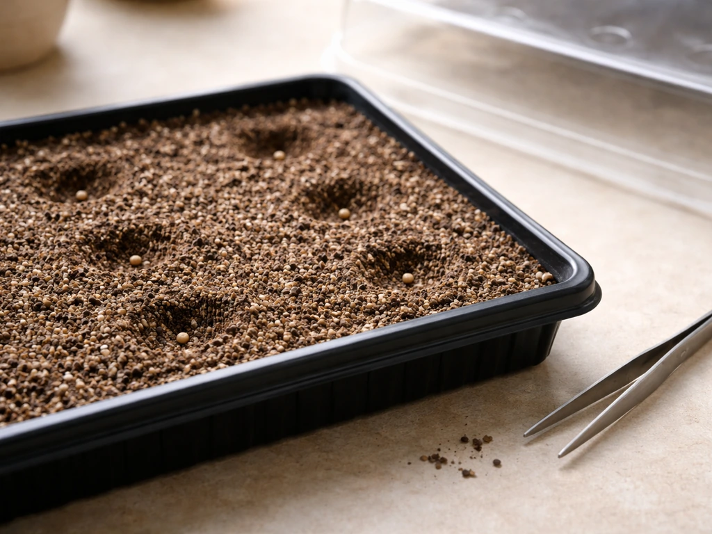 Shallow tray of sterile seed-starting mix with small holes holding pelargonium (geranium) seeds just covered