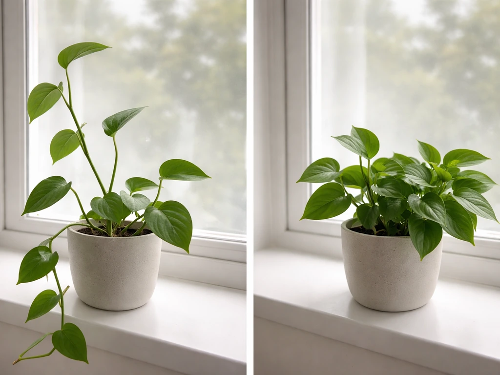 Indoor potted plant on a bright windowsill showing leggy growth and a pinched, branching section.