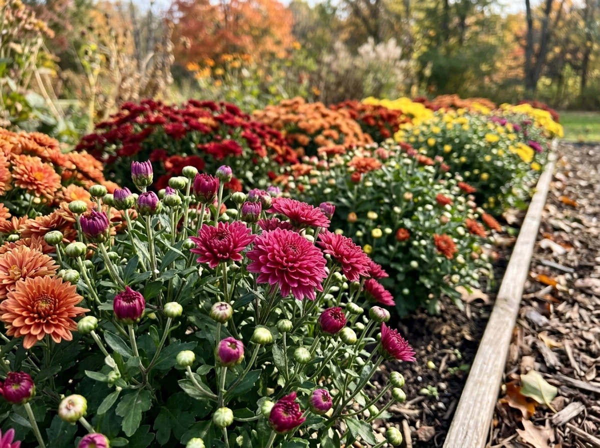 Garden mums with buds and blooms timed for early fall, showing short-day growth.