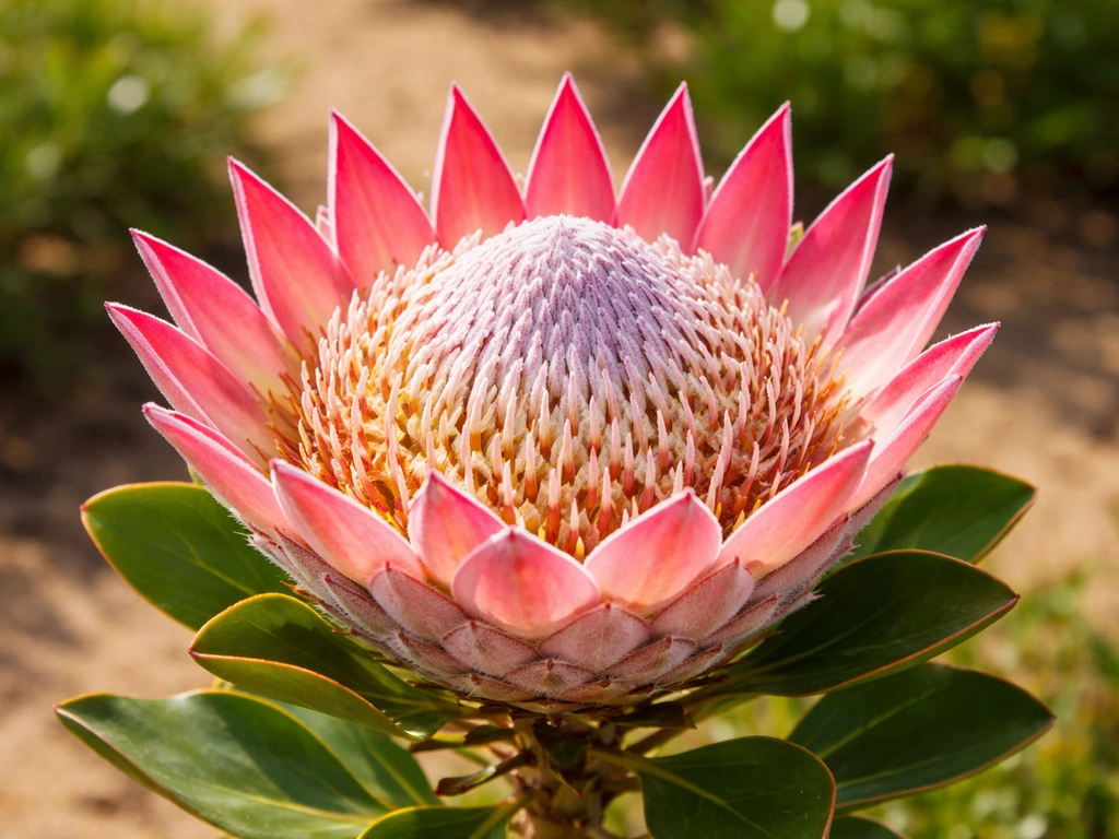 Vivid pincushion protea bloom in full sun with soft blurred garden background.