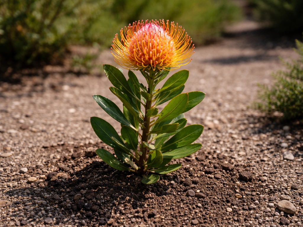 Healthy pincushion protea plant thriving in full sun on well-drained, acidic-looking soil