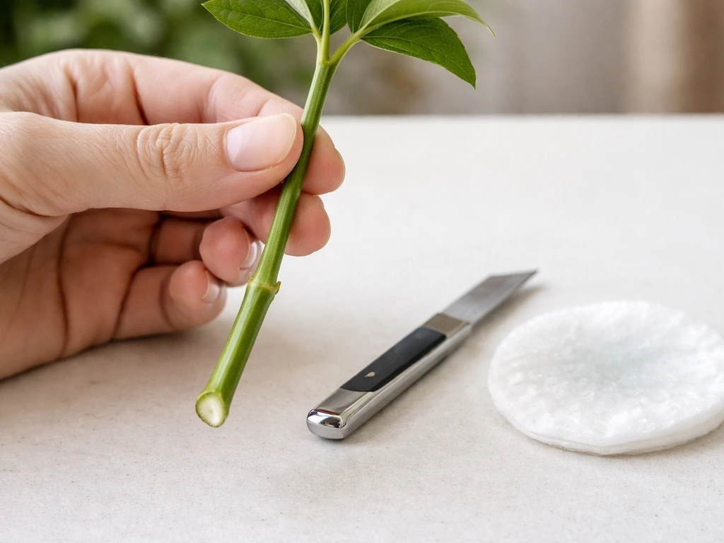 Close-up of a plant cutting with a fresh angled cut under a leaf node and stripped lower leaves.
