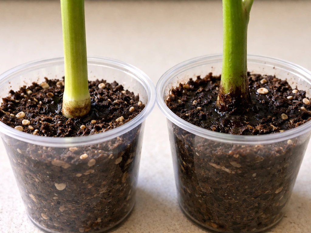 Side-by-side cuttings: one with firm healthy base, the other with dark mushy stem rot at the soil line.