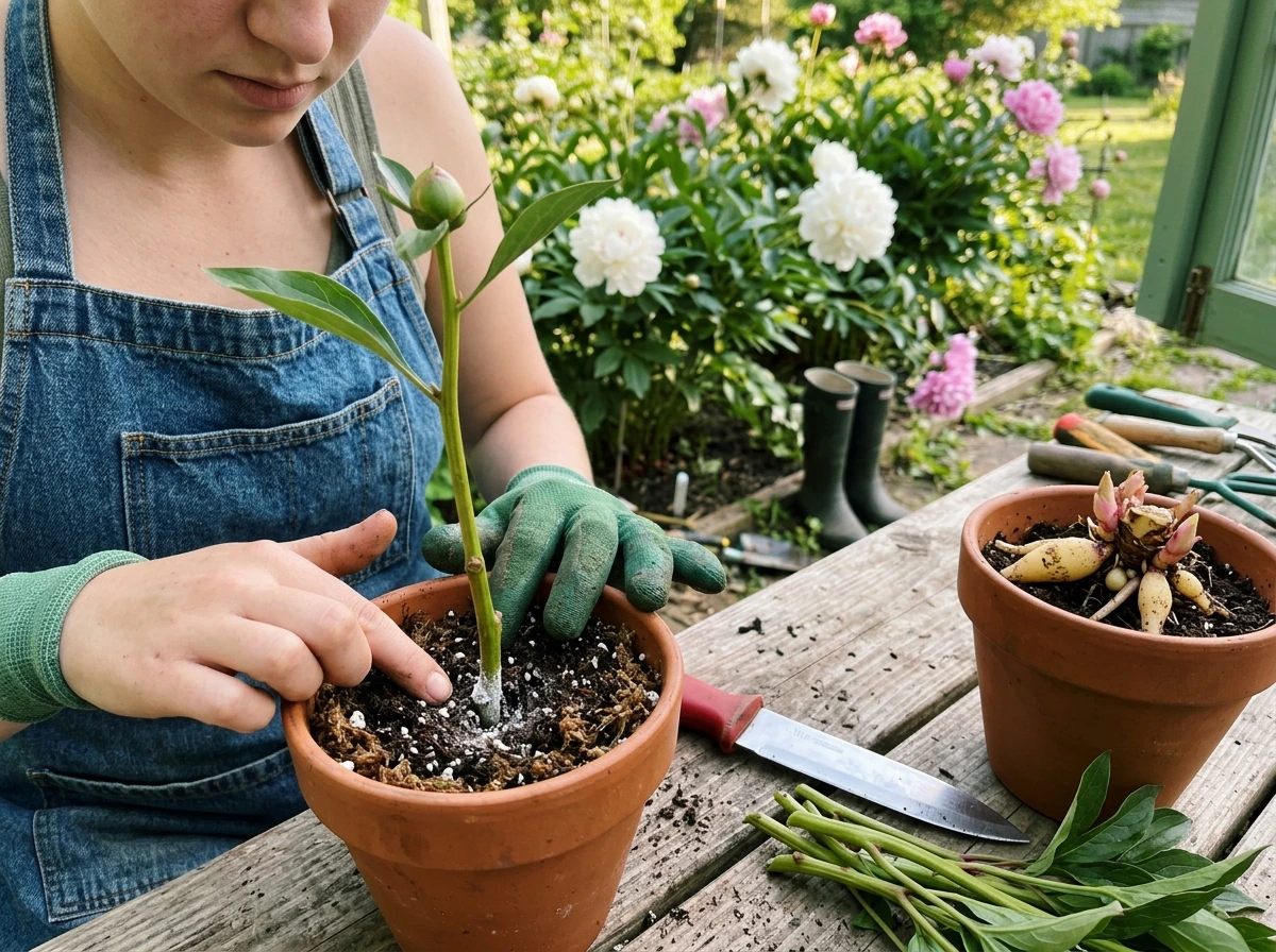 Peony stem cutting and prepared crown pieces set up for rooting on a bench