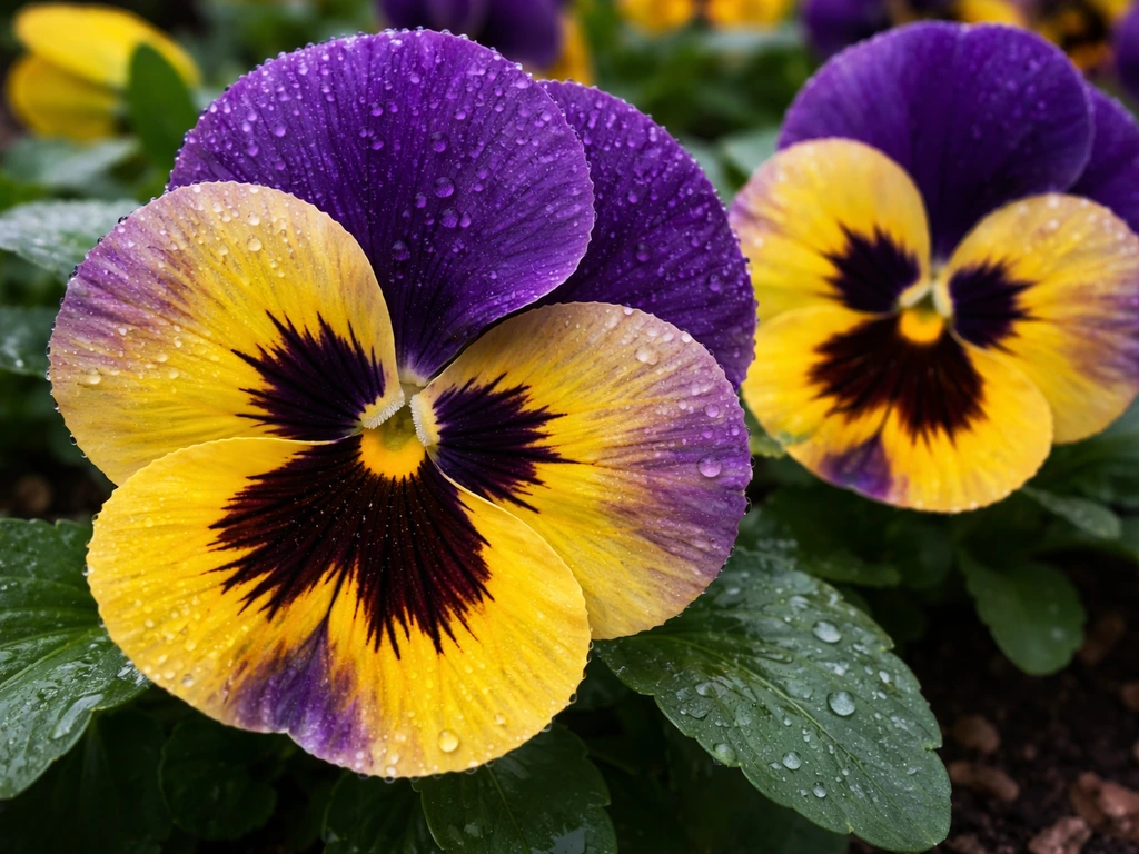 Close-up of vibrant pansy blooms in a garden bed, showing fuller, larger flowers