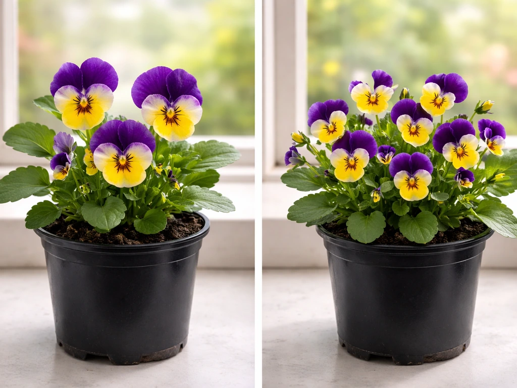 Split view of pansies showing larger blooms versus faster repeat flowering on the same plants.