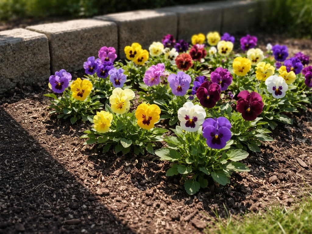 Pansies in a bright garden bed with clear sun exposure, showing full-sun light conditions.