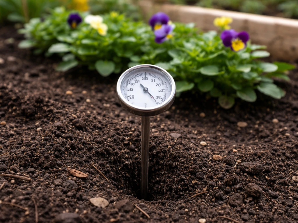 Soil thermometer probe inserted next to pansy planting bed, showing soil temperature for planting timing.