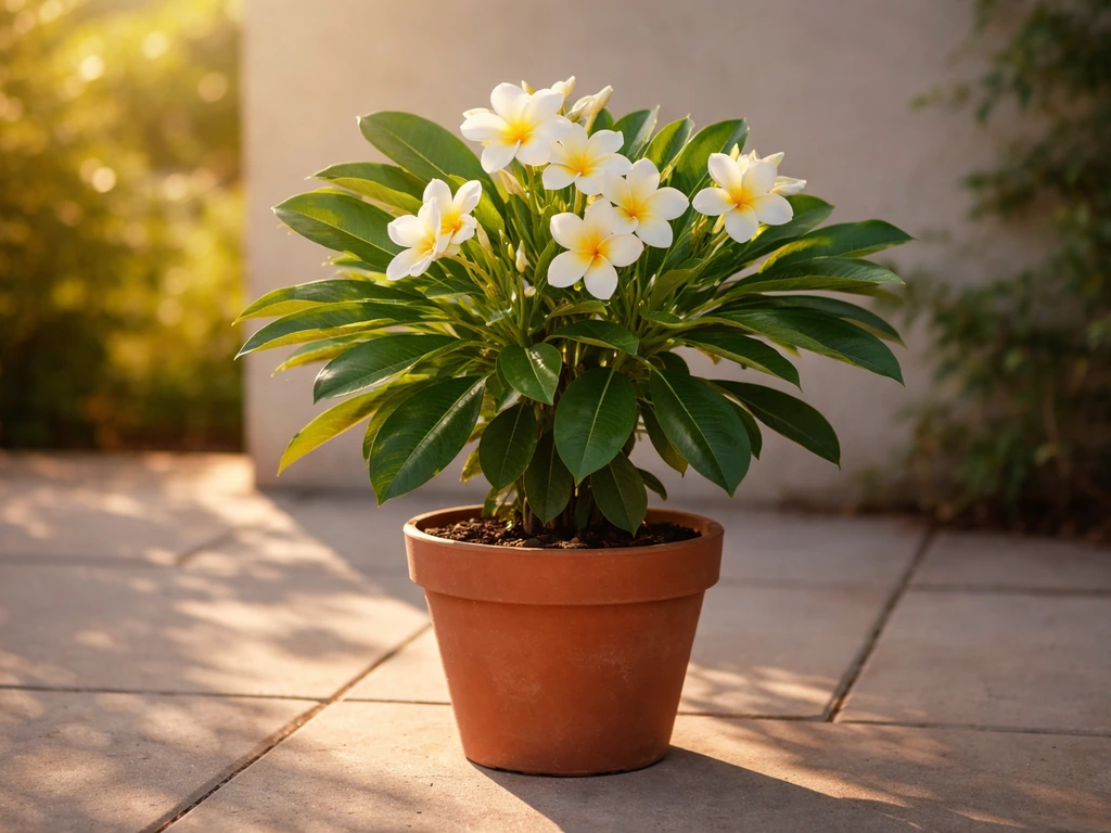 Sunlit potted plumeria pudica with blooming flowers on a quiet patio.