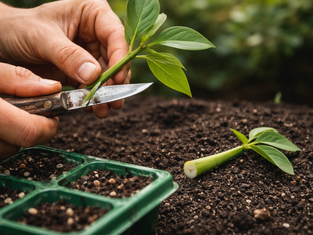 Hands slicing a pudica stem with a knife, with a freshly cut cutting piece showing a callus end.
