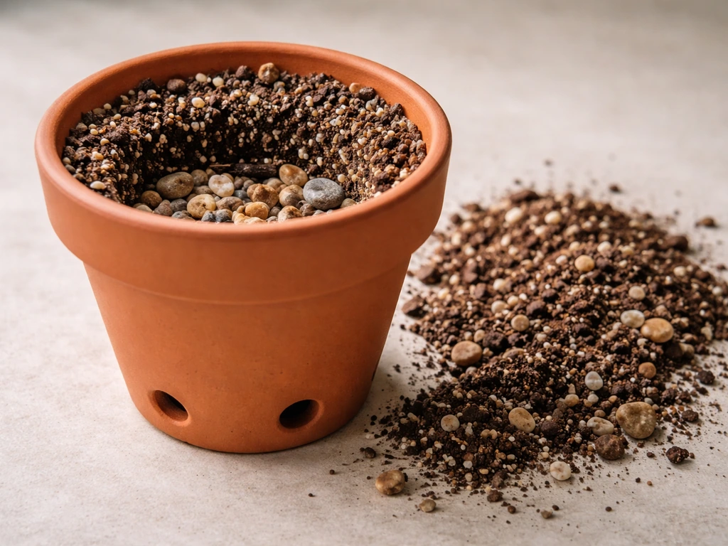 Terracotta pot with visible drainage holes and gritty fast-draining mix plus rocks layer for rot prevention.