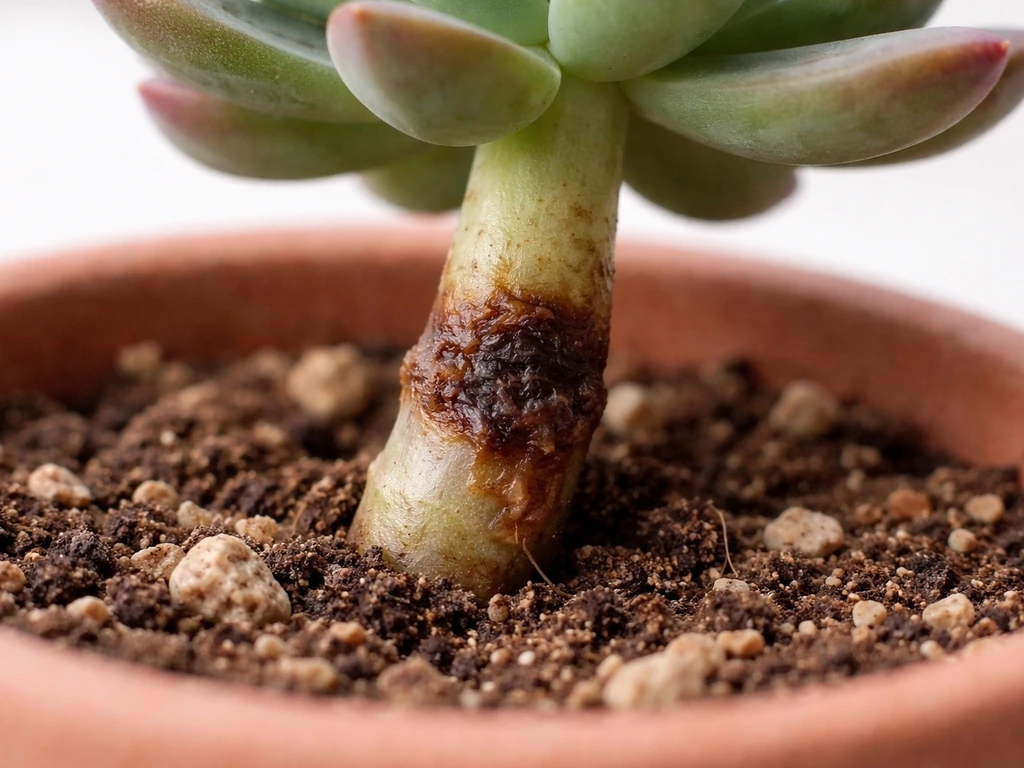 Macro close-up of succulent stem showing a soft, dark mushy rot area next to firm healthy tissue.