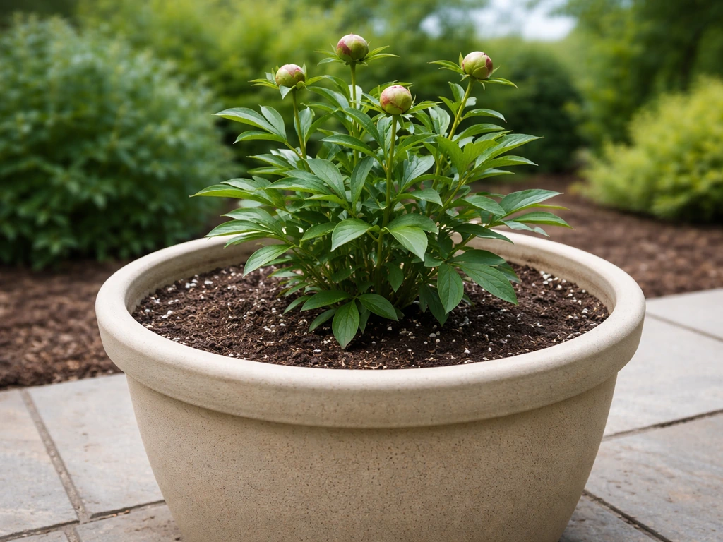 Large outdoor planter with a peony plant in bud and green foliage, showing pot edge and healthy growth.