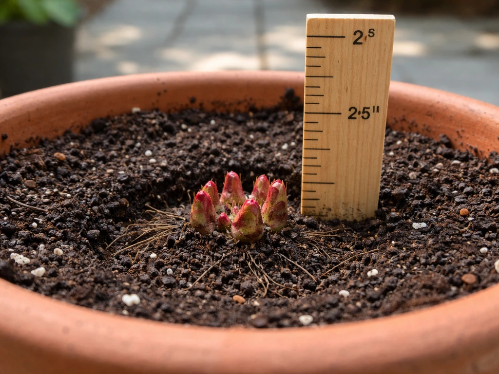 Close-up of peony crown at proper depth in a pot, with a small ruler indicating planting depth.