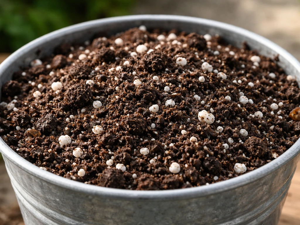 Close-up of a porous container peony soil mix with perlite and compost texture in a bucket.