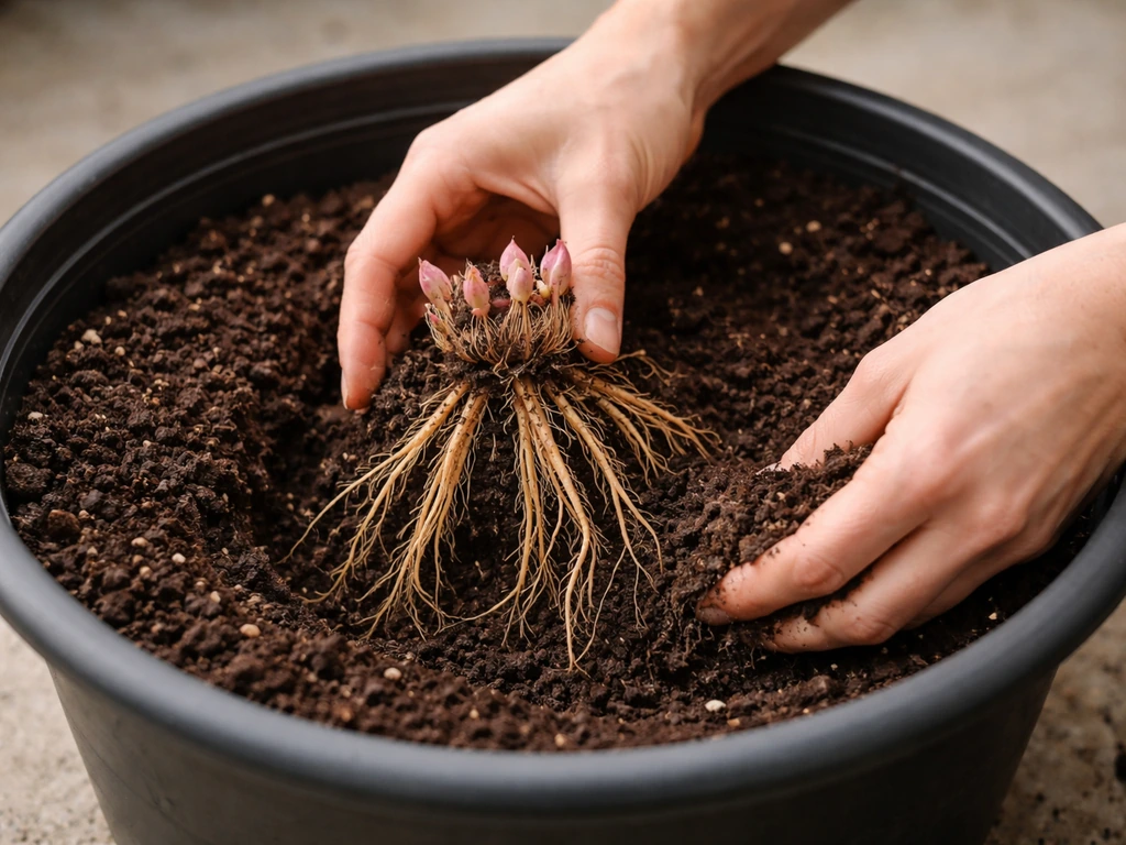 Hands placing bare-root peony division in a container, crown centered as soil is filled around it.