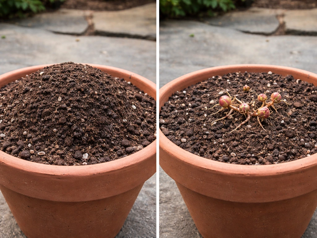 Two potted peonies side-by-side showing too-deep vs correct crown depth with visible pink buds.