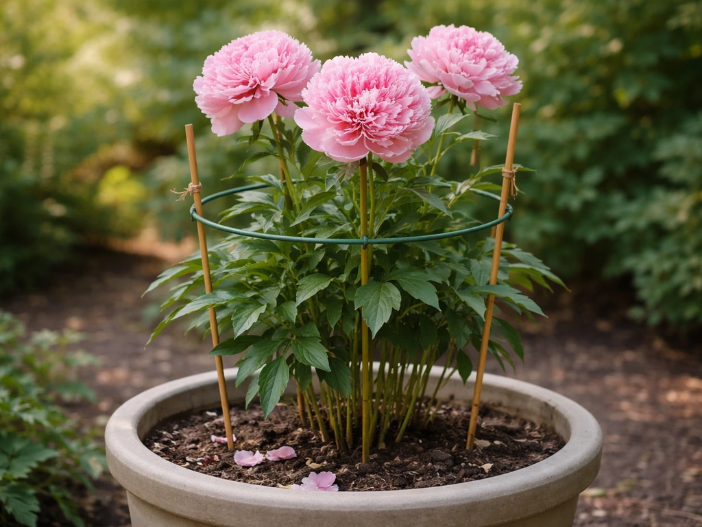 Pink double peony blooms supported in a planter with stakes, stems upright in soft natural light