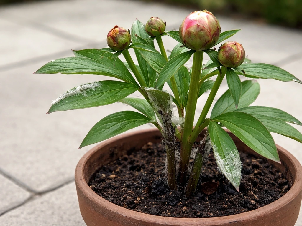 Peony in a pot with gray fuzzy mold and browned buds on stems, showing early Botrytis blight signs.