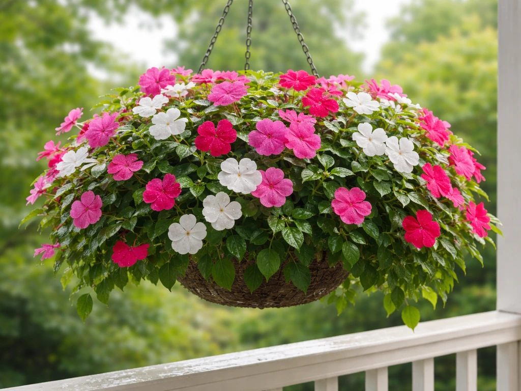 Vibrant impatiens hanging basket spilling blooms from a porch railing in natural light