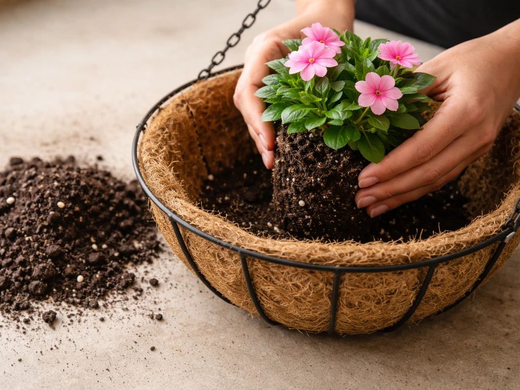 Hand holding small plant over a coco coir-lined wire basket with fresh potting mix closeup