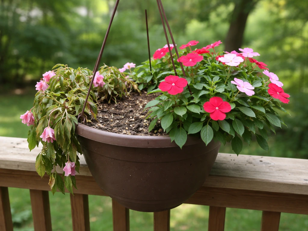 Hanging impatiens basket showing wilting drooping stems versus healthier upright recovery.