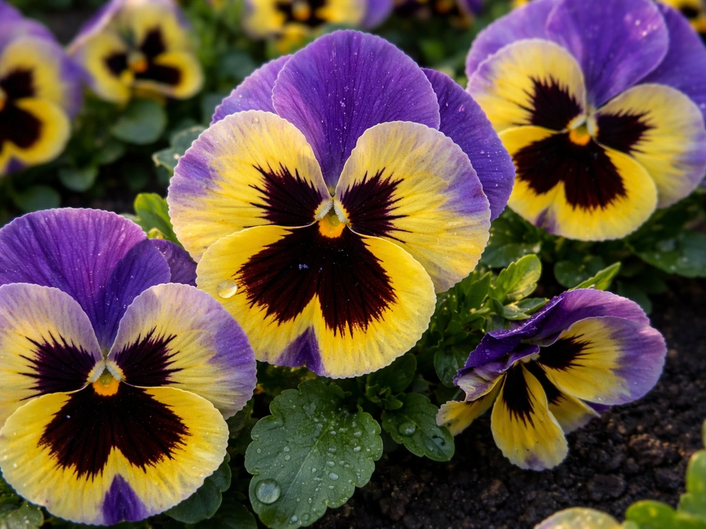 Close-up of vivid oversized Swiss Giant pansy blooms in cool-season garden soil