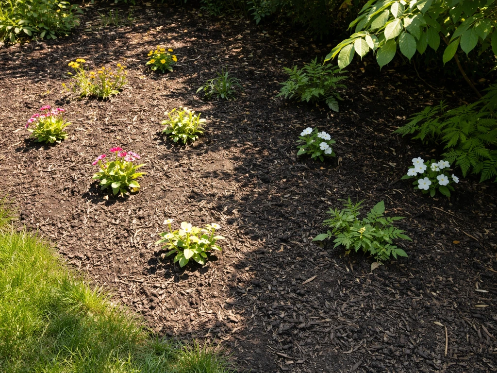 Garden bed with bright full-sun area beside a shaded corner to show partial shade for pansies.