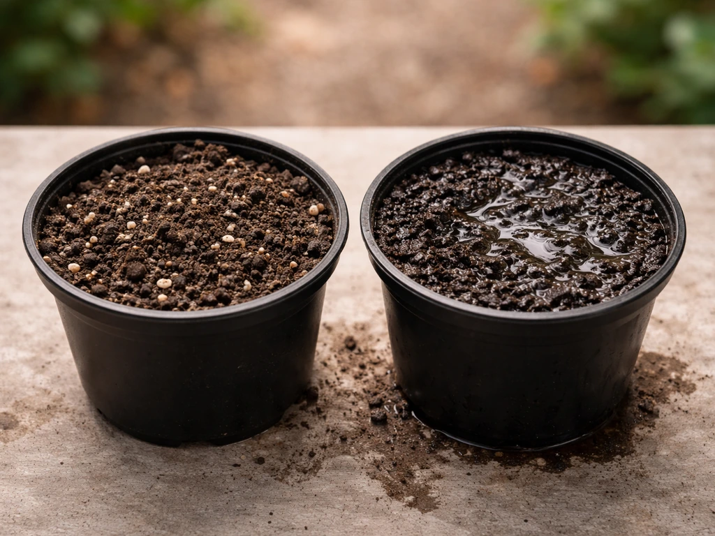 Two pots of soil side by side: loose dry soil vs dark waterlogged soil with pooling water at the edge.