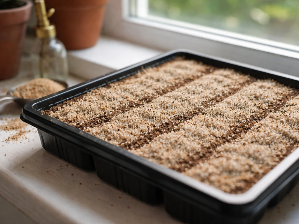 Close-up of a seed tray with fine soil, tiny seeds at the surface, lightly covered with vermiculite.