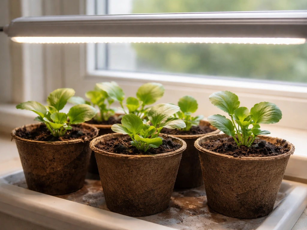 Young pansy seedlings under a grow light, showing about 2–3 inches of distance above the plants.