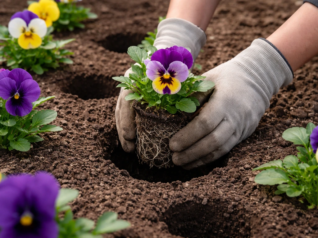 Gloved hands transplanting Swiss Giant pansies into holes, with root balls set at correct depth in a garden bed