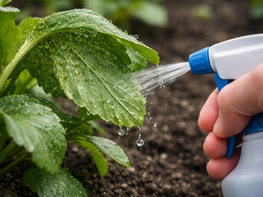 Close-up of pansy leaves with small aphids and a gardener spraying water to dislodge them