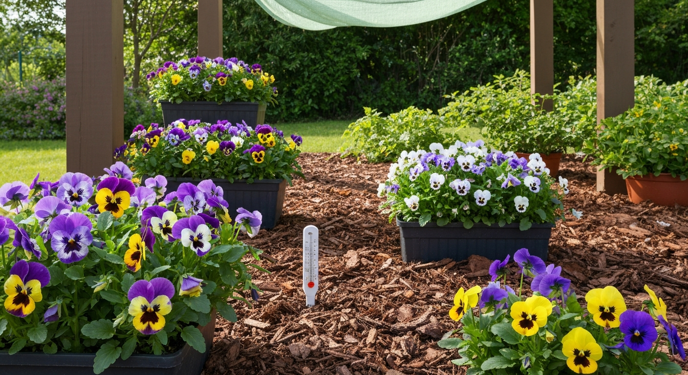Pansies blooming in containers and a mulched bed under light shade cloth on a patio, illustrating a summer-ready microclimate.