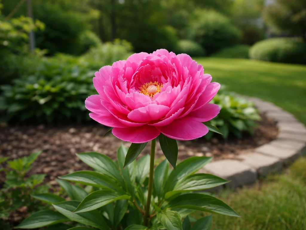 Vivid pink peony in bloom in a Michigan front-yard garden with green leaves and early-summer sunlight.