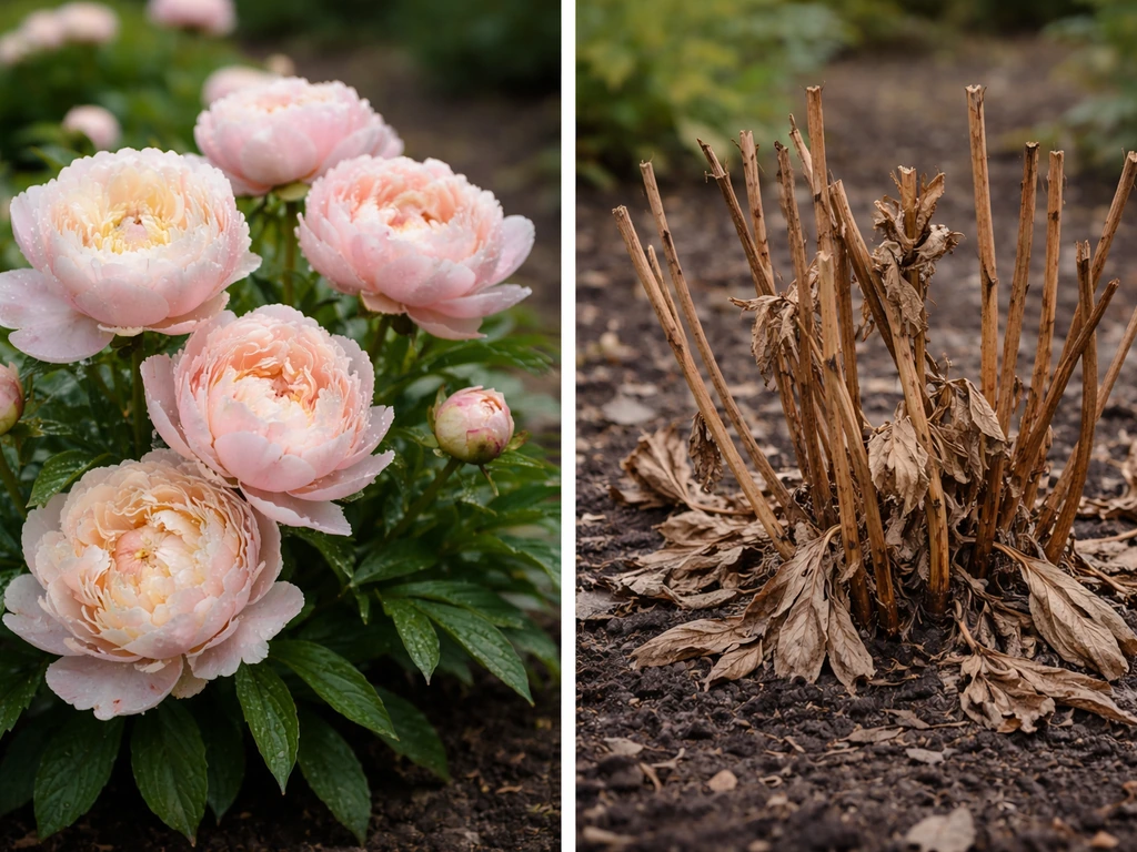 Fresh herbaceous peony blooms beside dormant winter stems, close-up garden comparison