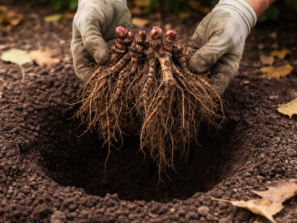 Gardener’s hands holding bare-root peony roots above an open fall planting hole in soil.