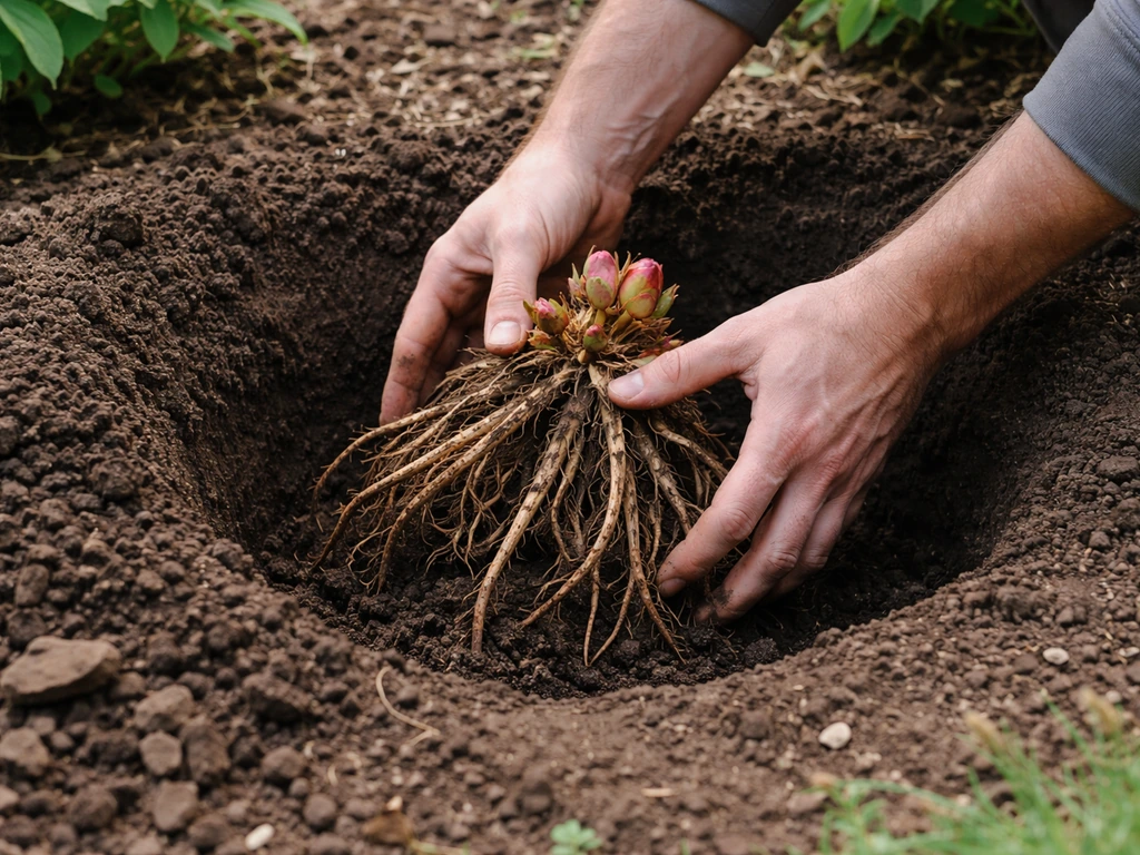 Gardener hands placing peony roots into a dug hole with the crown at proper soil depth.