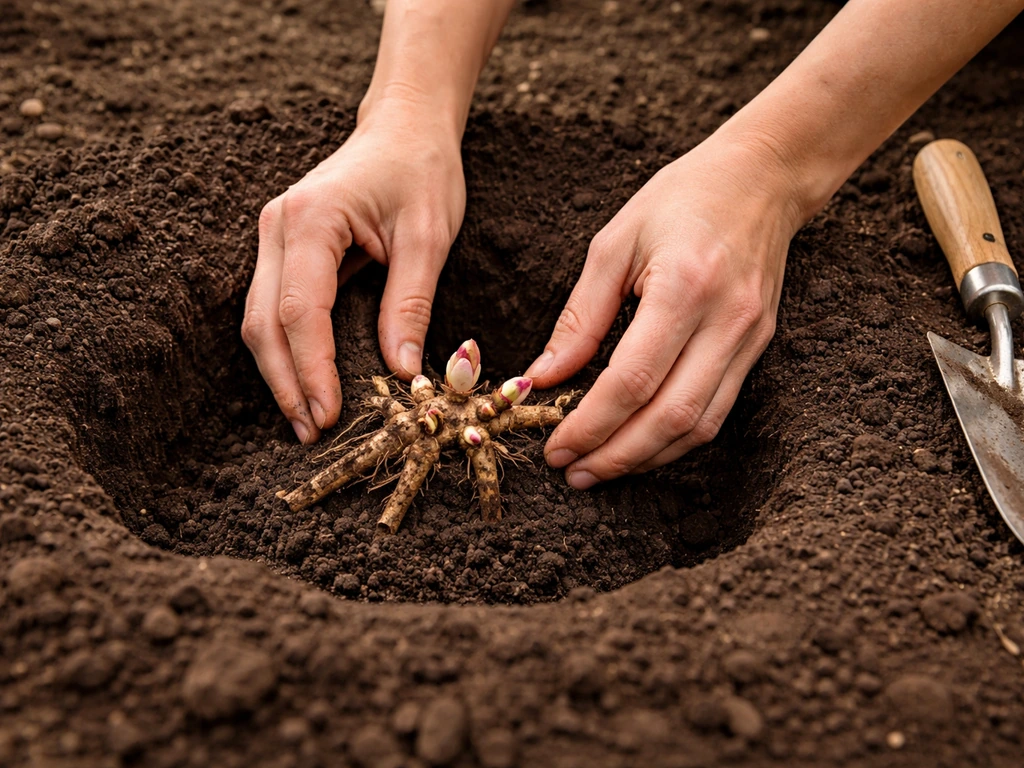 Hands placing herbaceous peony roots with eyes positioned just below soil surface