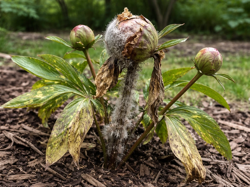 Close-up of a peony bud with fuzzy gray mold and browned petals in a Michigan garden.