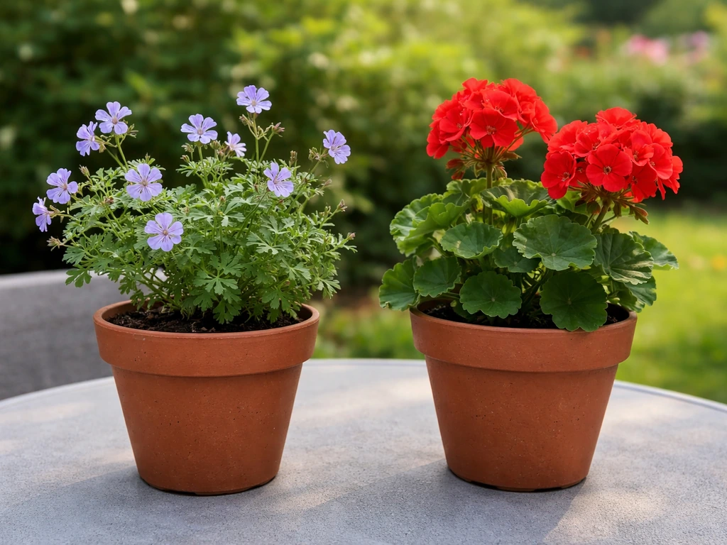 Two side-by-side potted plants showing hardy Geranium versus tender Pelargonium differences.
