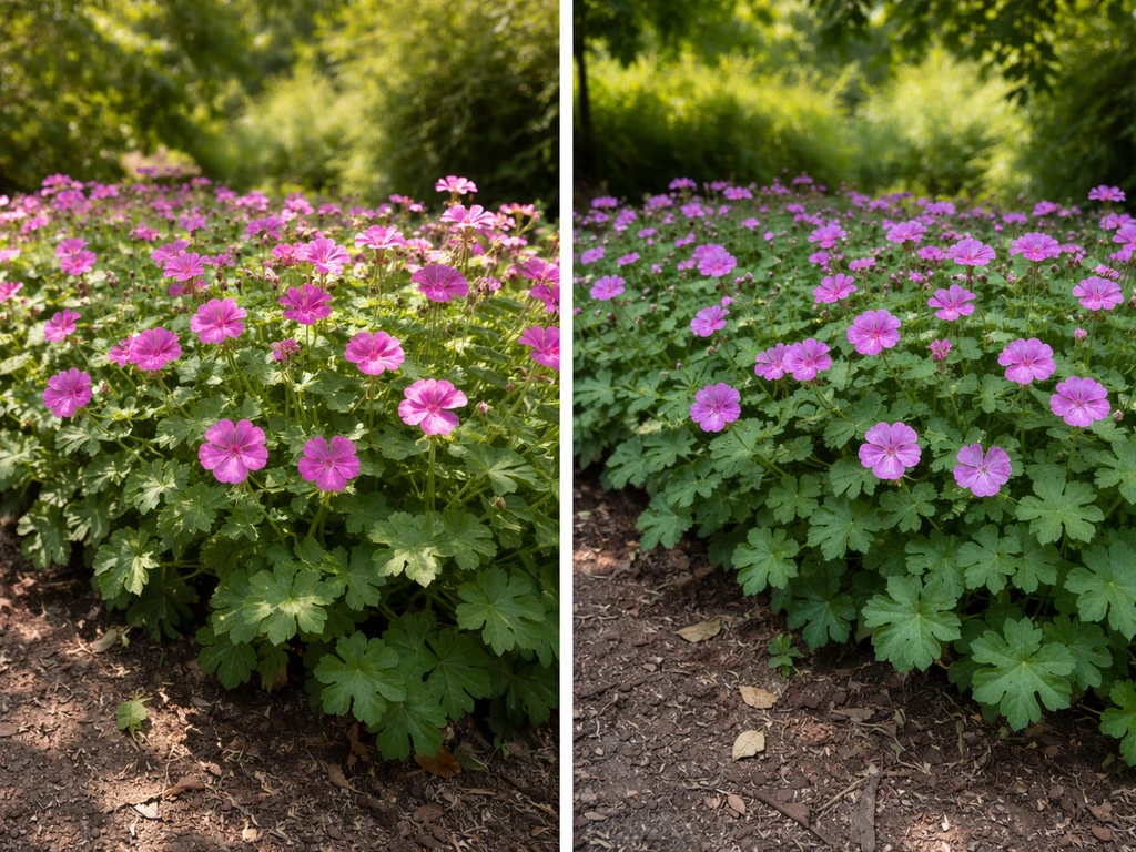 Hardy geraniums in the same bed shown in full sun vs part shade with clear lighting differences.