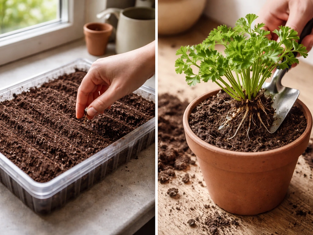 Two simple scenes: sowed geranium seeds in a tray and a planted geranium division in a pot.